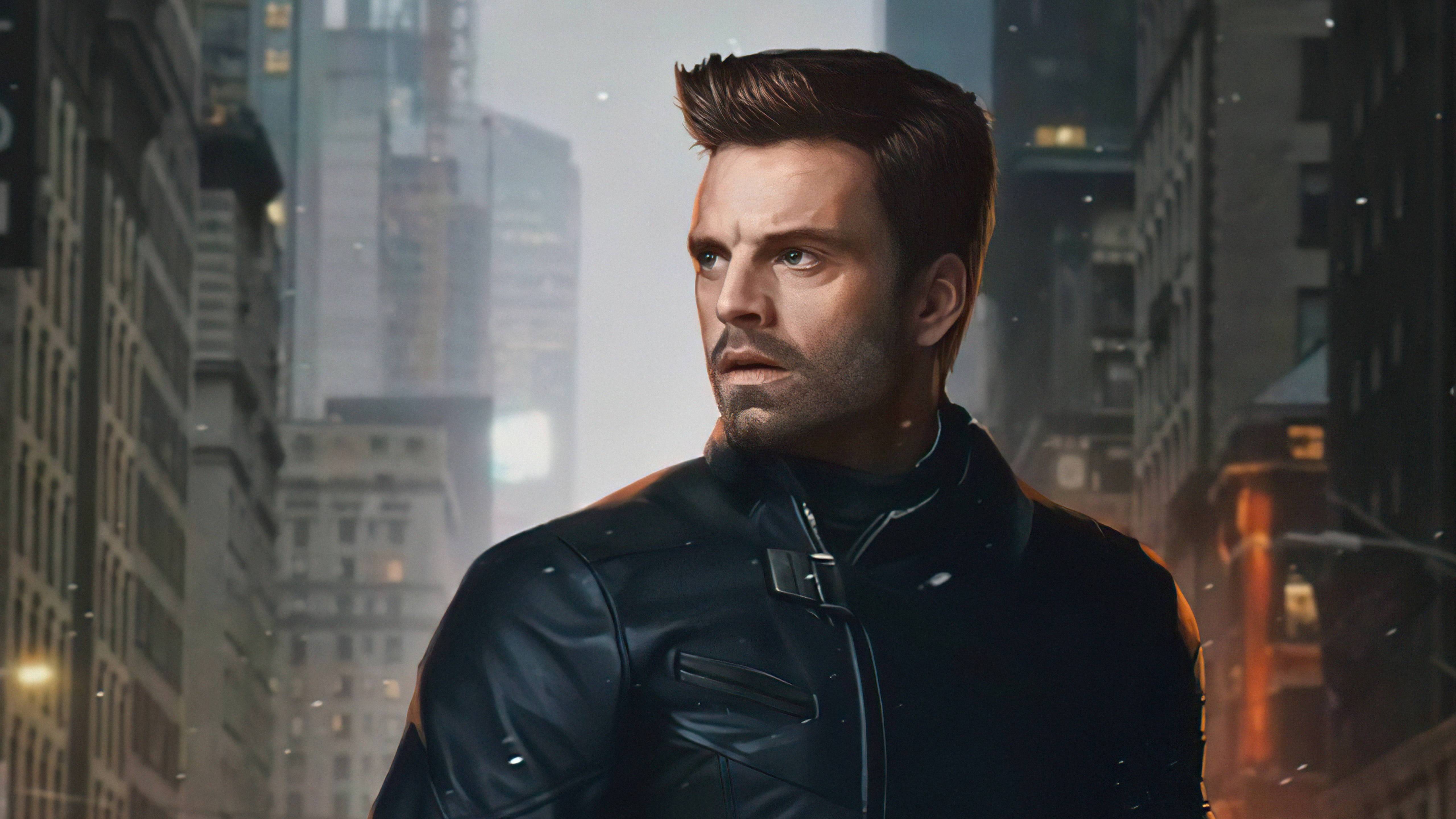 Sebastian 桌布 壁紙 — 一個粗獷的男人穿著黑色皮夾克，站在積雪的城市小巷中，背後是高聳的建築物和發光的街燈。
