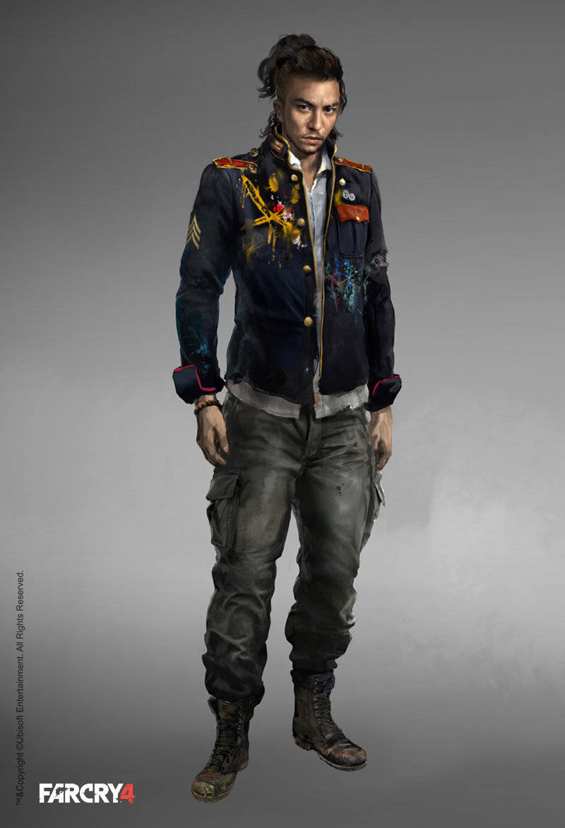 far cry iPhone 桌布 壁紙 — 一個粗獷的男性角色，身穿破舊的軍裝夾克和工裝褲，站在中性灰色背景前。