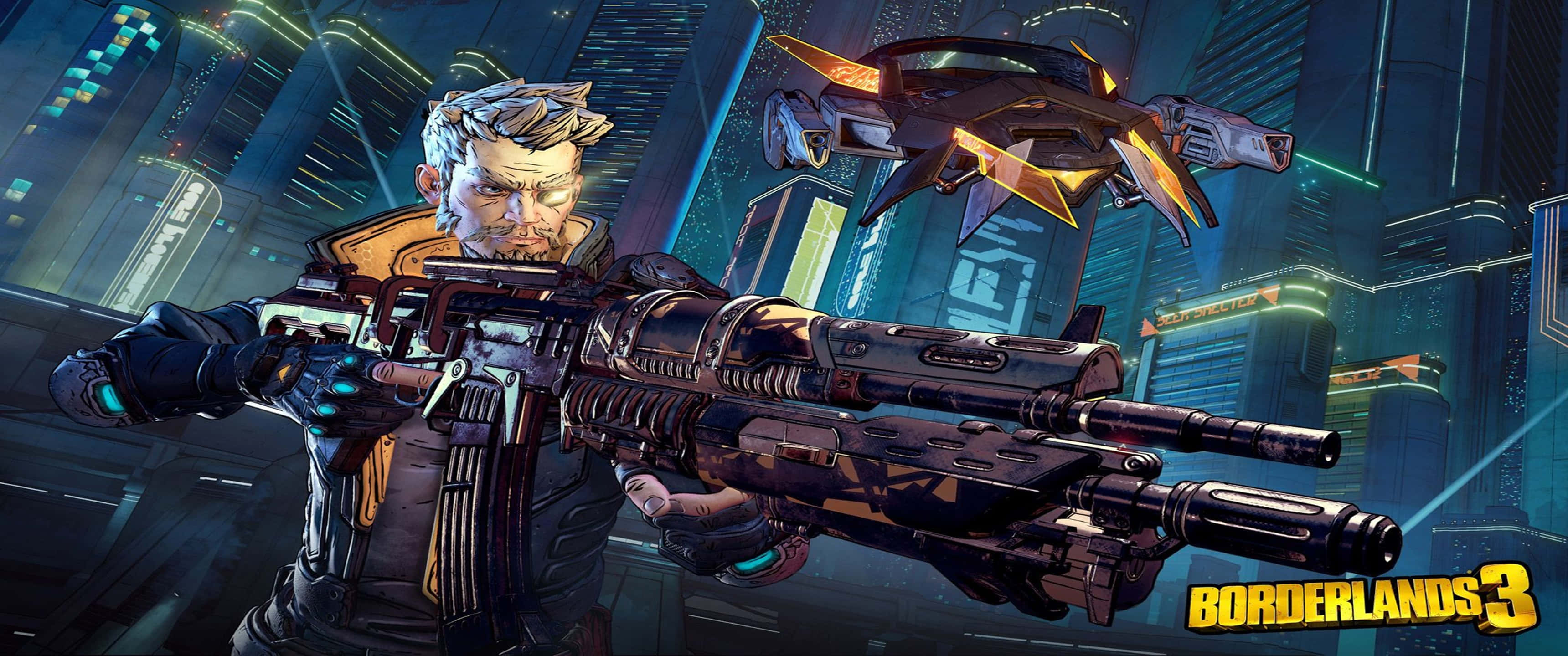 weapon 桌布 壁紙 — 一個粗獷的科幻士兵手持巨大武器，站在霓虹燈閃爍的未來城市景觀中，天空發光。
