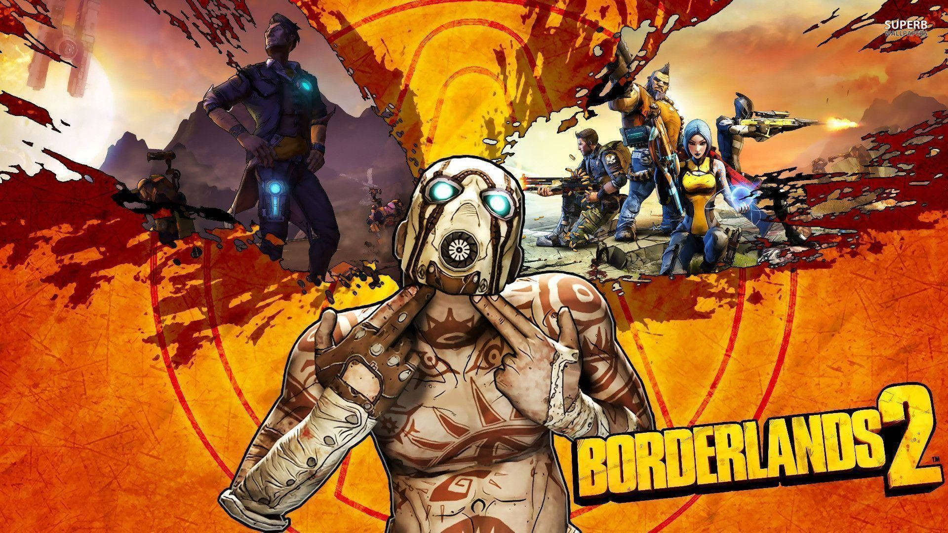 Borderlands 桌布 壁紙 — 一個粗獷的科幻戰士，眼睛發光，身上有部落紋身，站在熾熱的橙色背景前，與其他武裝角色一起在混亂的沙漠戰場上佔據中心位置。