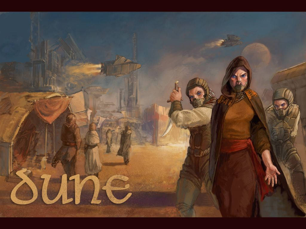 Dune Movie 桌布 壁紙 — 一個粗獷的科幻街頭場景，戴面具的反叛者在煙霧瀰漫的天空下揮舞刀刃，天空中有飛船。