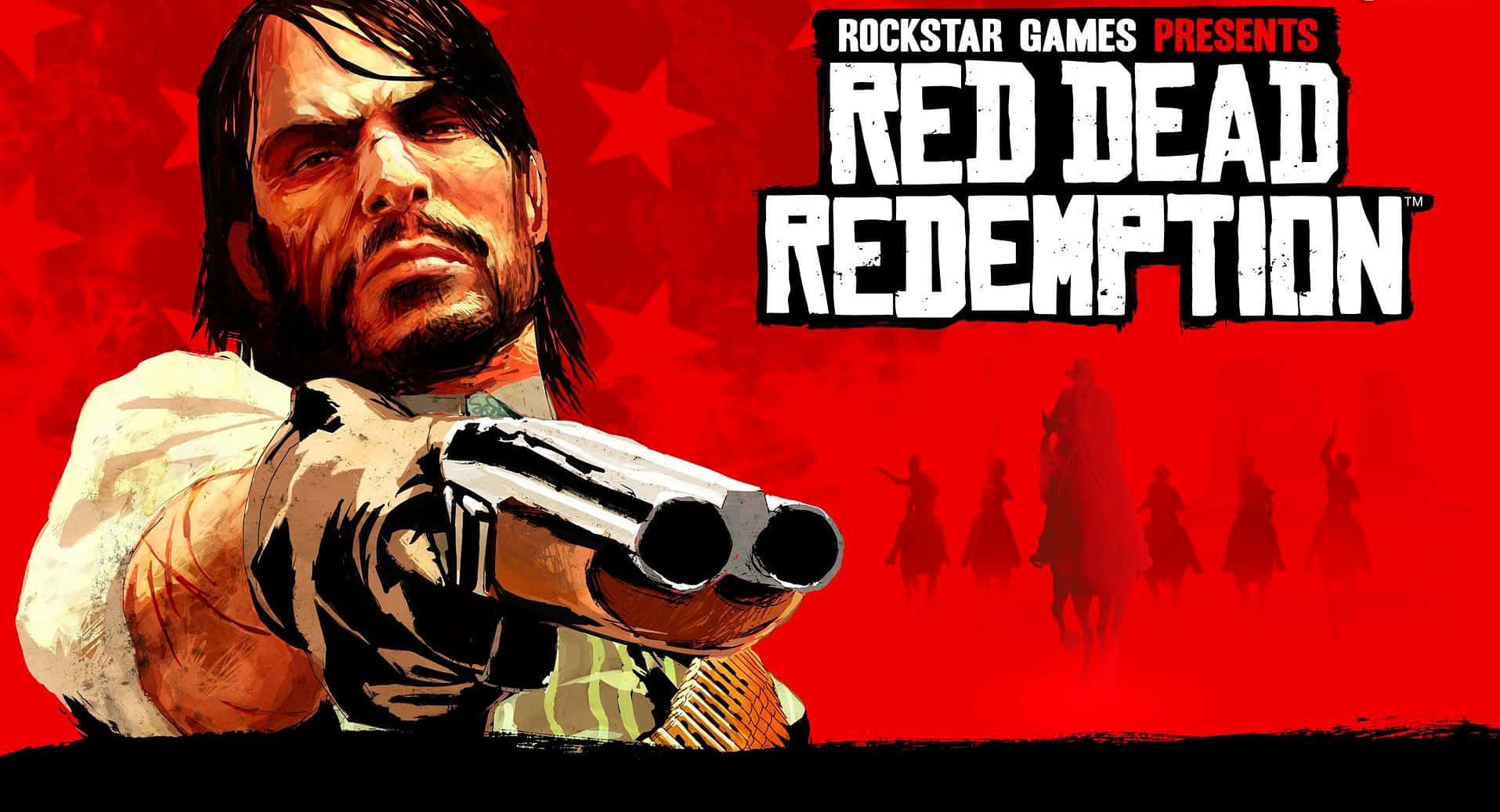 Rdr 桌布 壁紙 — 一個粗獷的西部亡命之徒瞄準一把雙管霰彈槍，背景是鮮紅色，有剪影騎手和粗體遊戲標題文字。