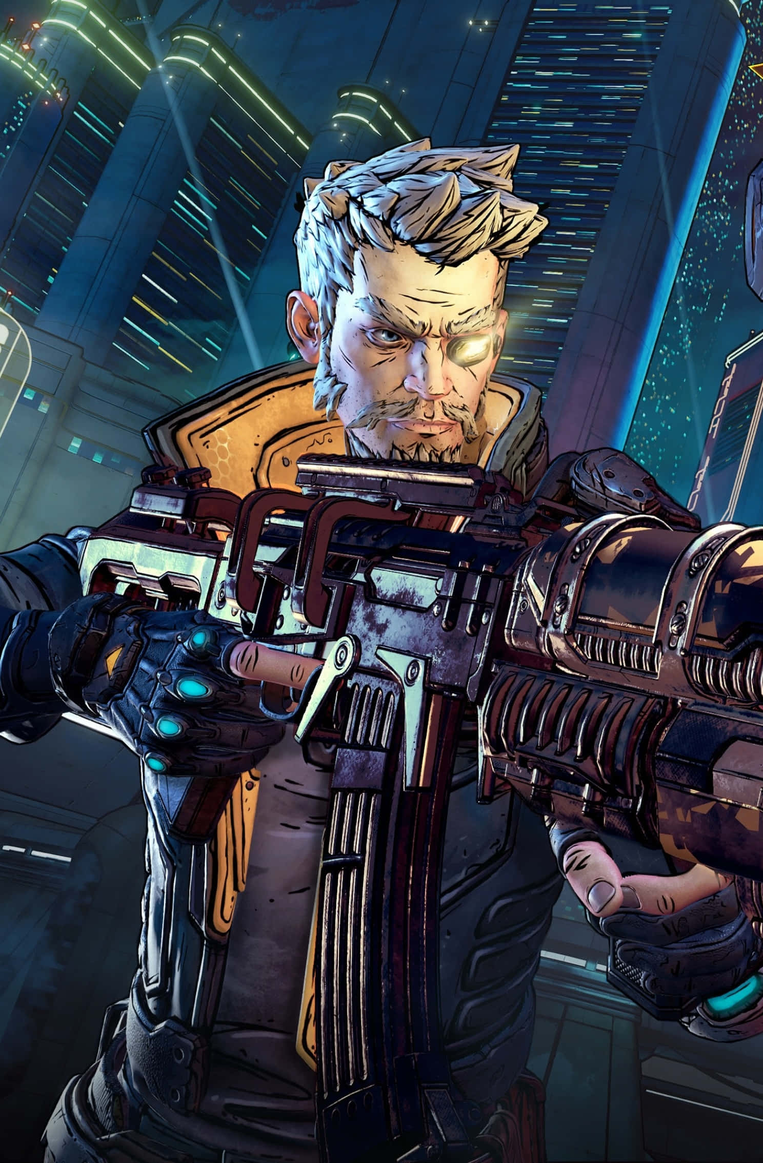 Pixel 3xl Borderlands 3 桌布 壁紙 — 一個粗獷的賽博龐克戰士，擁有發光的眼睛和重型武器，站在霓虹燈閃爍的未來城市景觀中。
