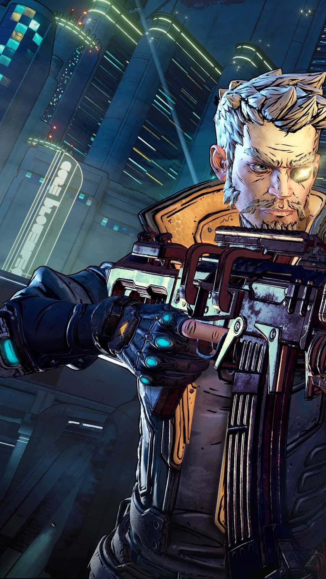 Pixel 3xl Borderlands 3 桌布 壁紙 — 一個粗獷的賽博龐克戰士，雙眼發光，在夜晚用重型武器瞄準霓虹燈照亮未來城市天際線。