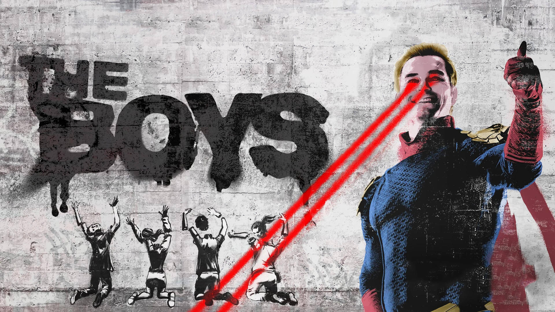 擁有紅色雷射眼睛的超級英雄，以及寫著 'THE BOYS' 並帶有四個人物在下的塗鴉牆。 — 塗鴉 GIF 壁紙
