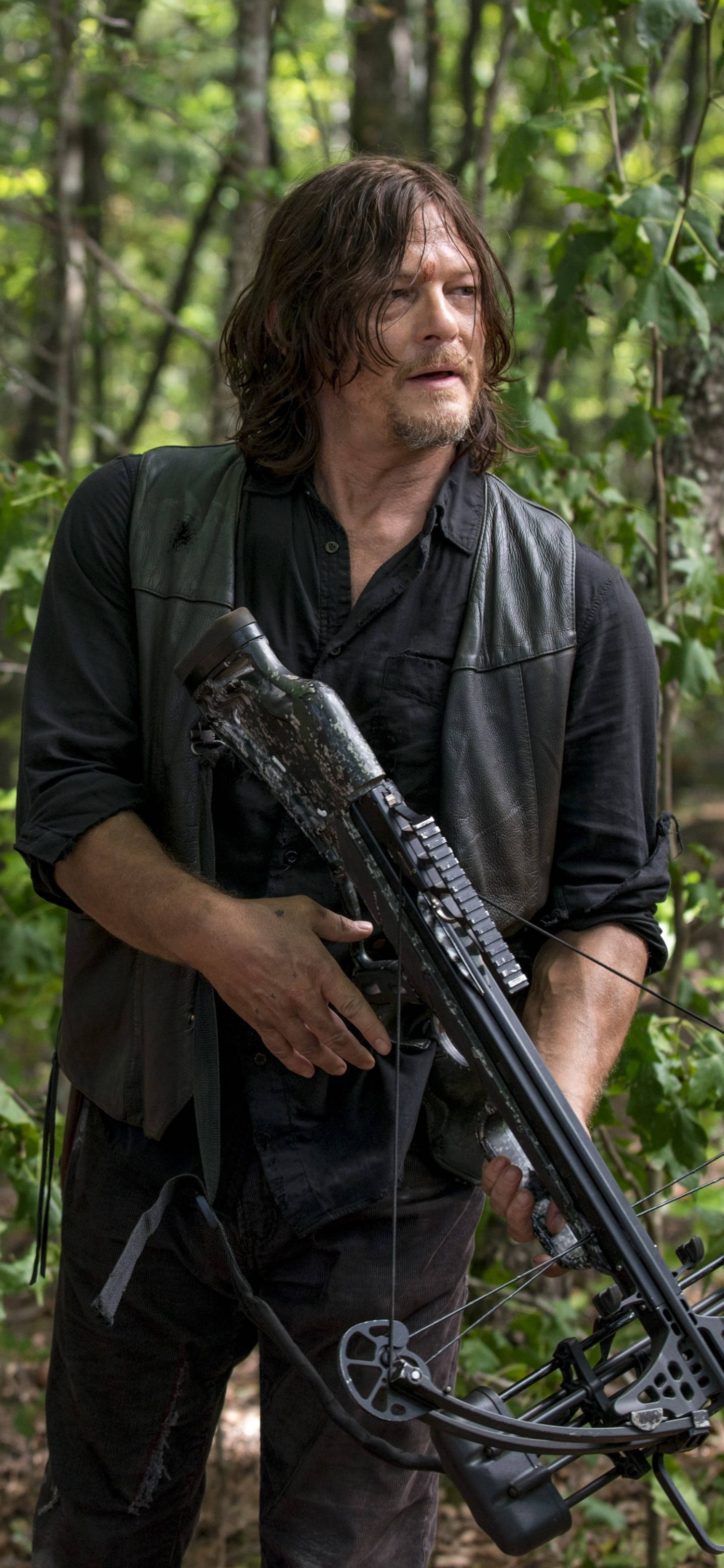 Walking Dead Daryl 桌布 壁紙 — 一個粗獷的長髮男子站在陽光普照的森林中，專注地握著十字弓。
