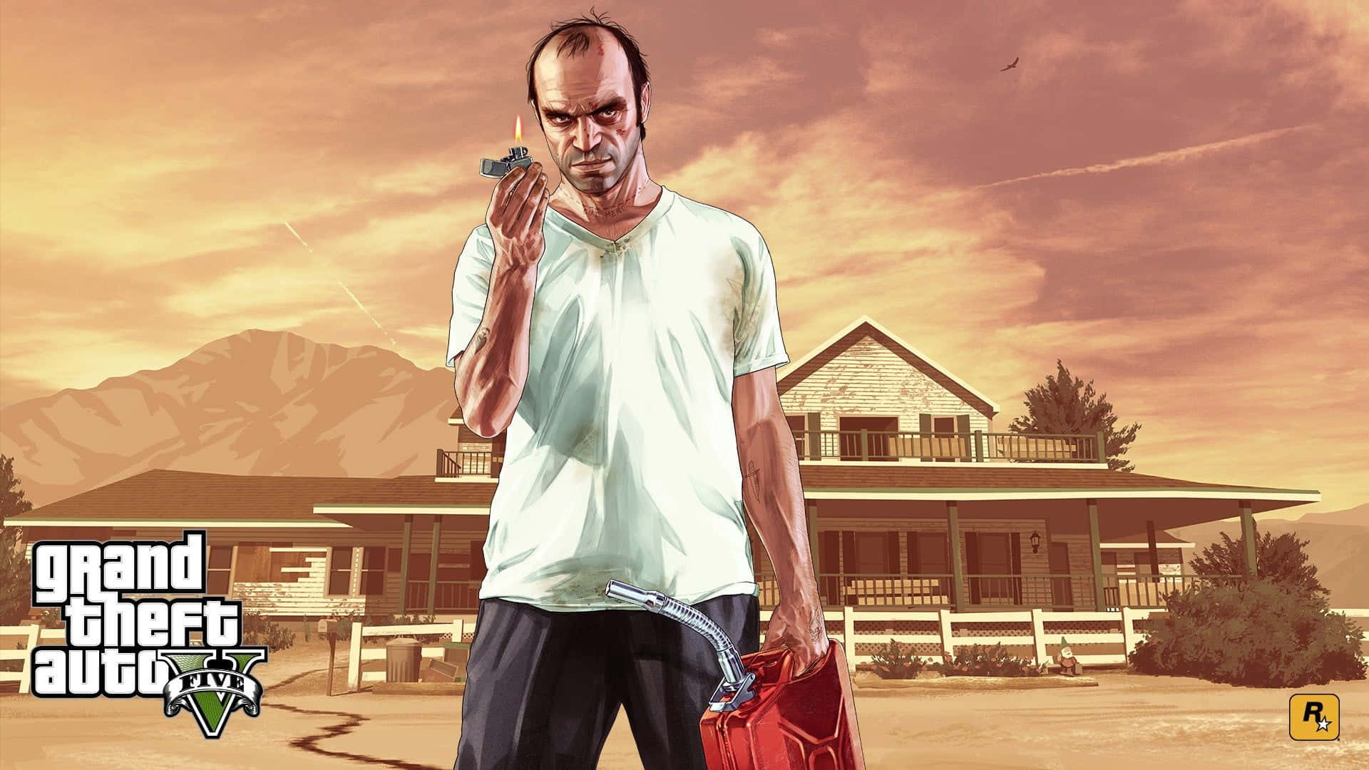 GTA 5 動圖 桌布 壁紙 — 一個粗獷的電子遊戲角色在塵土飛揚的郊區背景下，手持槍和汽油罐，背景有山脈和日落天空。
