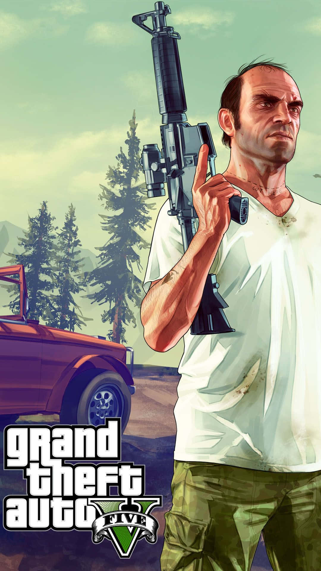 GTA 5 動圖 桌布 壁紙 — 一個粗獷的電子遊戲角色在森林山區環境中站在一輛紅色汽車旁邊，手持步槍。