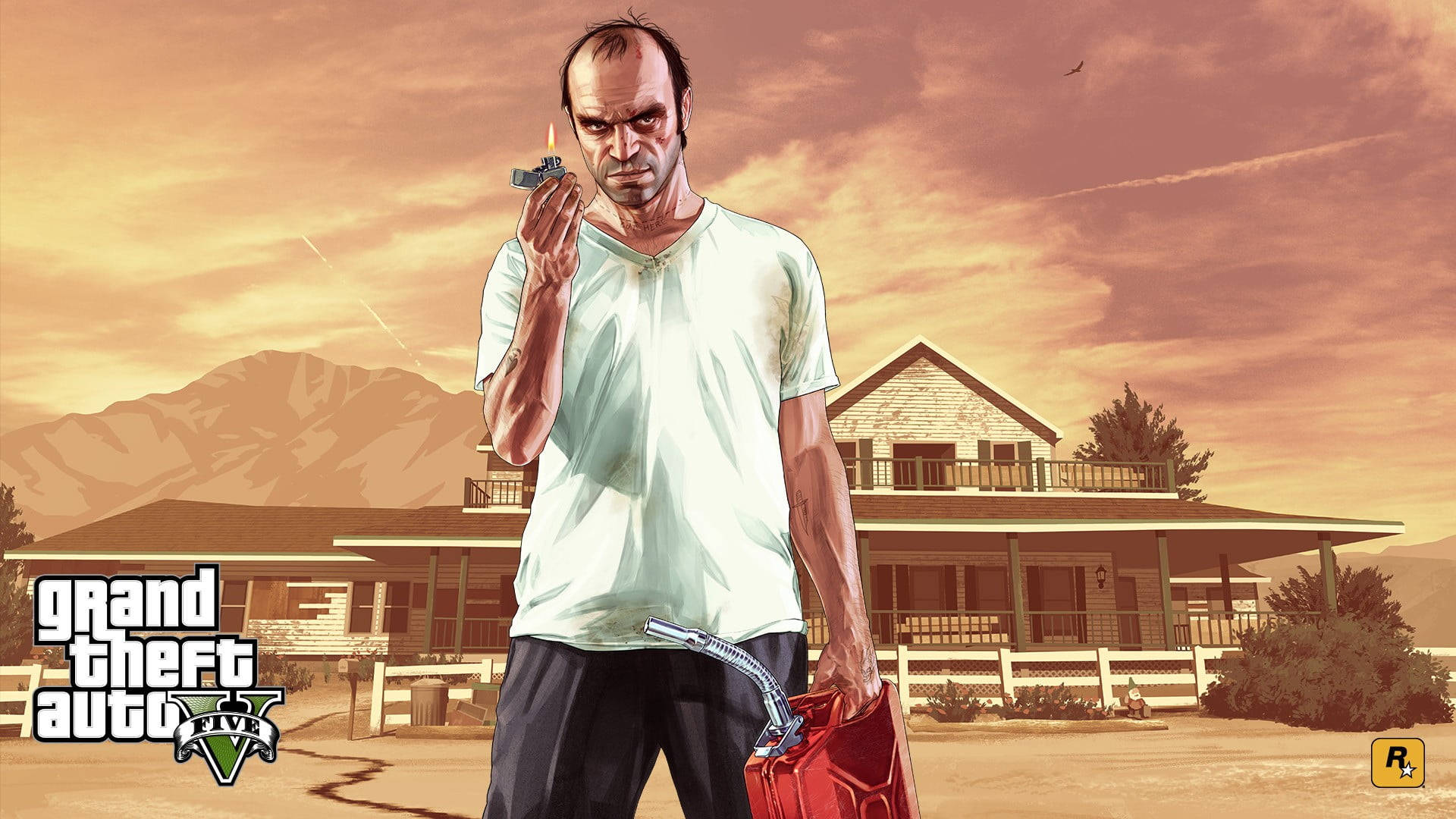 Gta 桌布 壁紙 — 一個粗獷的電子遊戲角色在溫暖的日落天空下，手持點燃的香煙和汽油罐，背景是塵土飛揚的沙漠房屋。