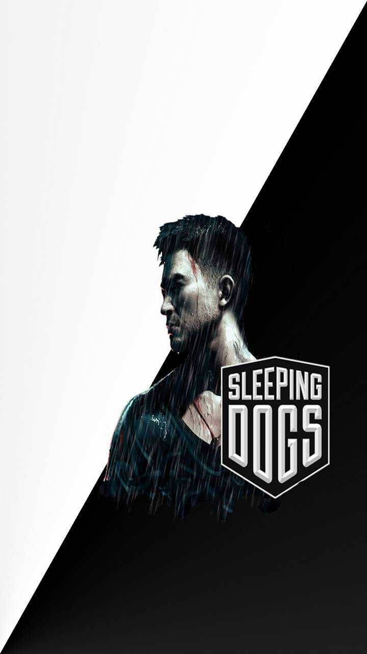 Sleeping 桌布 壁紙 — 一個粗獷的電子遊戲角色在雨中站立，背景是黑白鮮明的斜角分割，並帶有Sleeping Dogs標誌。