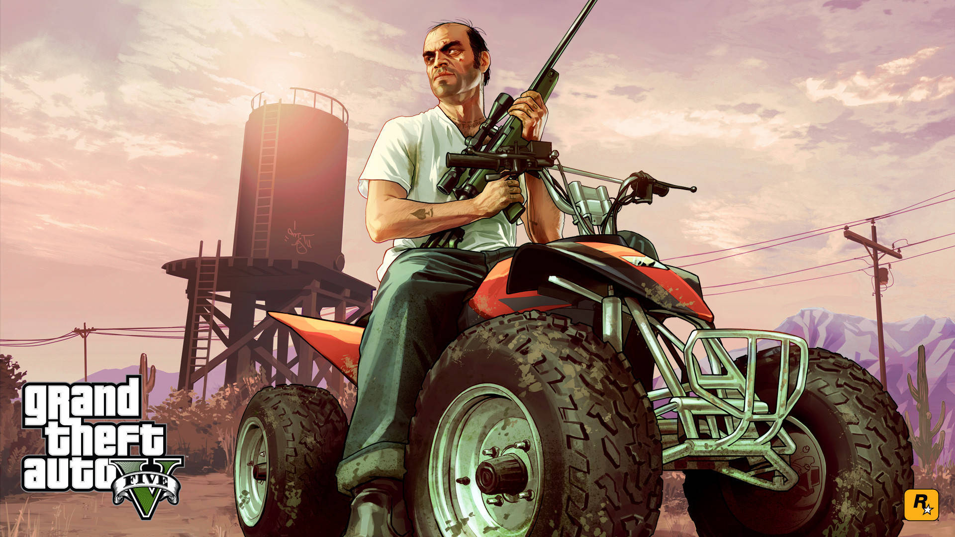 gta v 桌布 壁紙 — 一個粗獷的電玩角色在日落時分騎著紅色ATV穿越沙漠景觀，手持步槍。