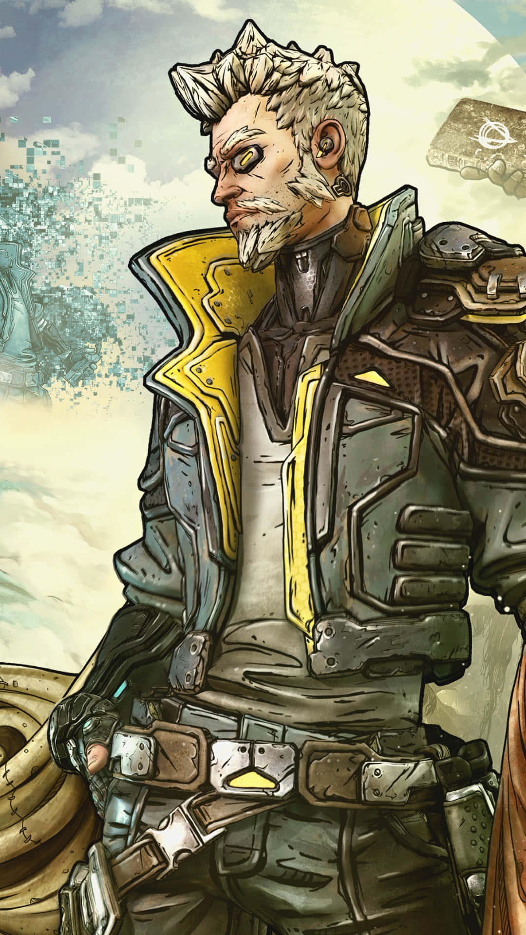 HD Borderlands 3 桌布 壁紙 — 一個粗獷的鬍鬚男穿著黃灰色裝甲外套，站在多雲的天空前，背景有像素化元素。