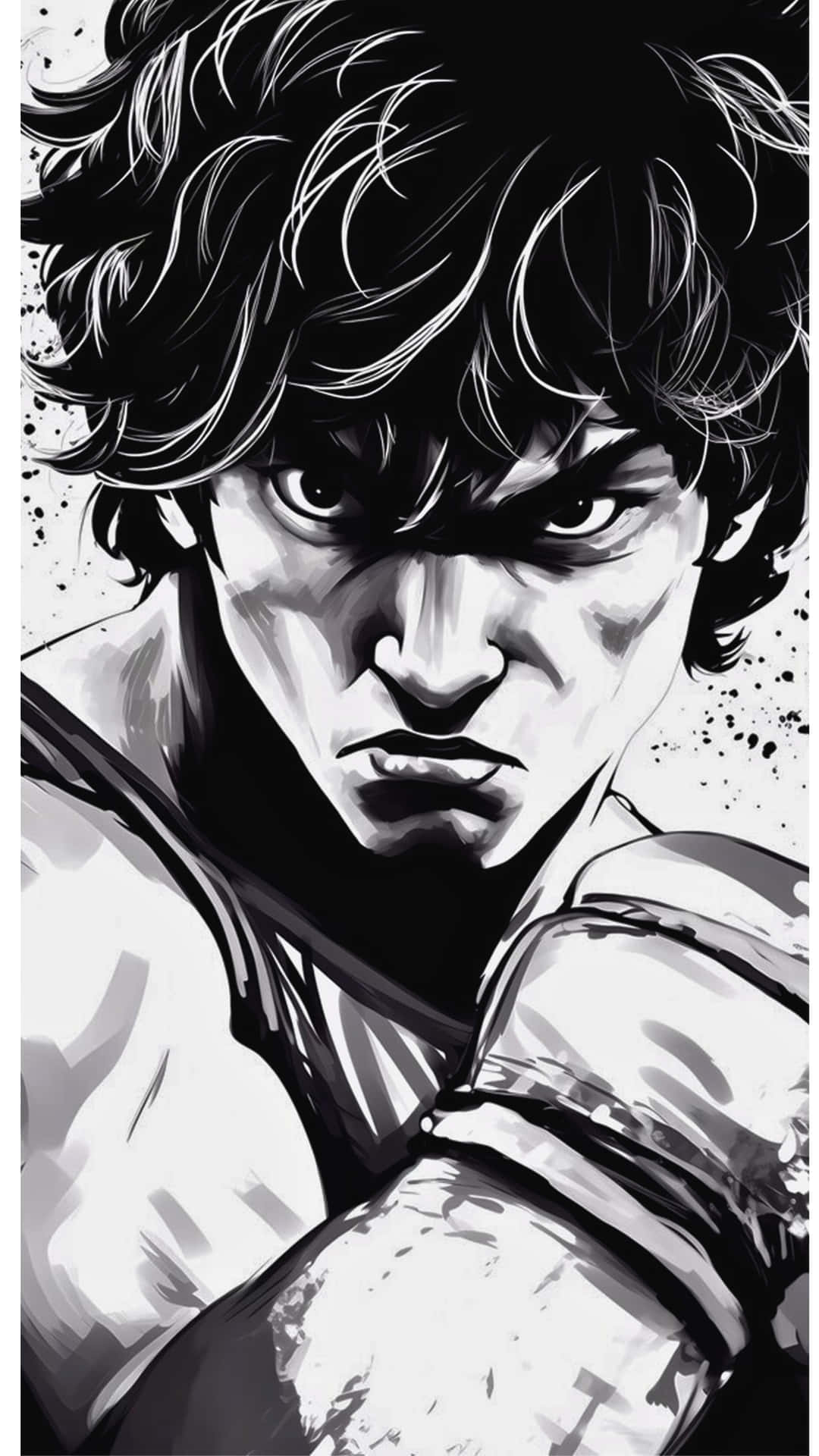 boxing 壁紙 — 一個粗獷的黑白漫畫風格肖像，描繪一名拳擊手，頭髮狂野，眼神銳利地直視前方。