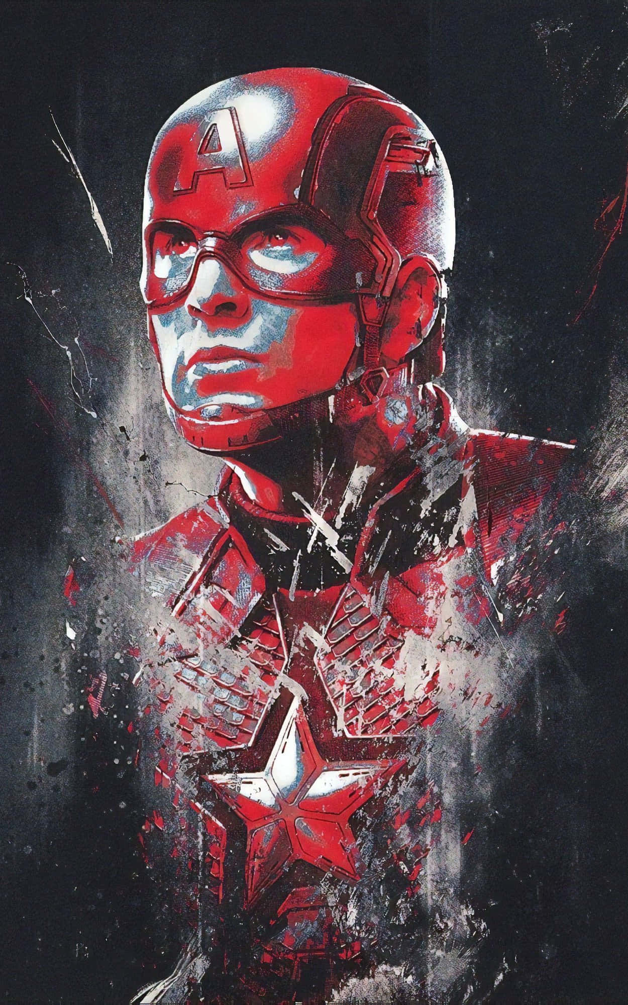 Android Captain America 桌布 壁紙 — 一個粗獷風格化的美國隊長肖像，身穿紅藍盔甲，背景為深色潑濺。