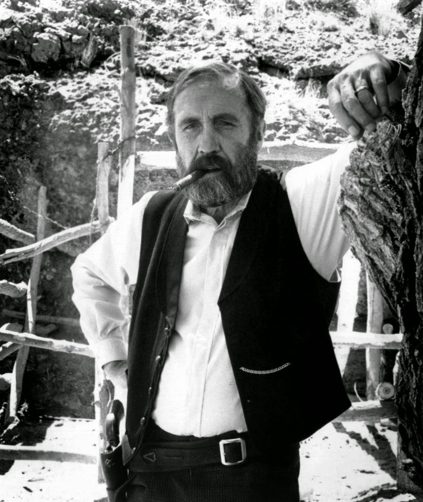 actor 桌布 壁紙 — 一個粗獷鬍鬚男穿著背心和襯衫，靠著樹，手持雪茄，腰間別著槍，身處岩石戶外環境。