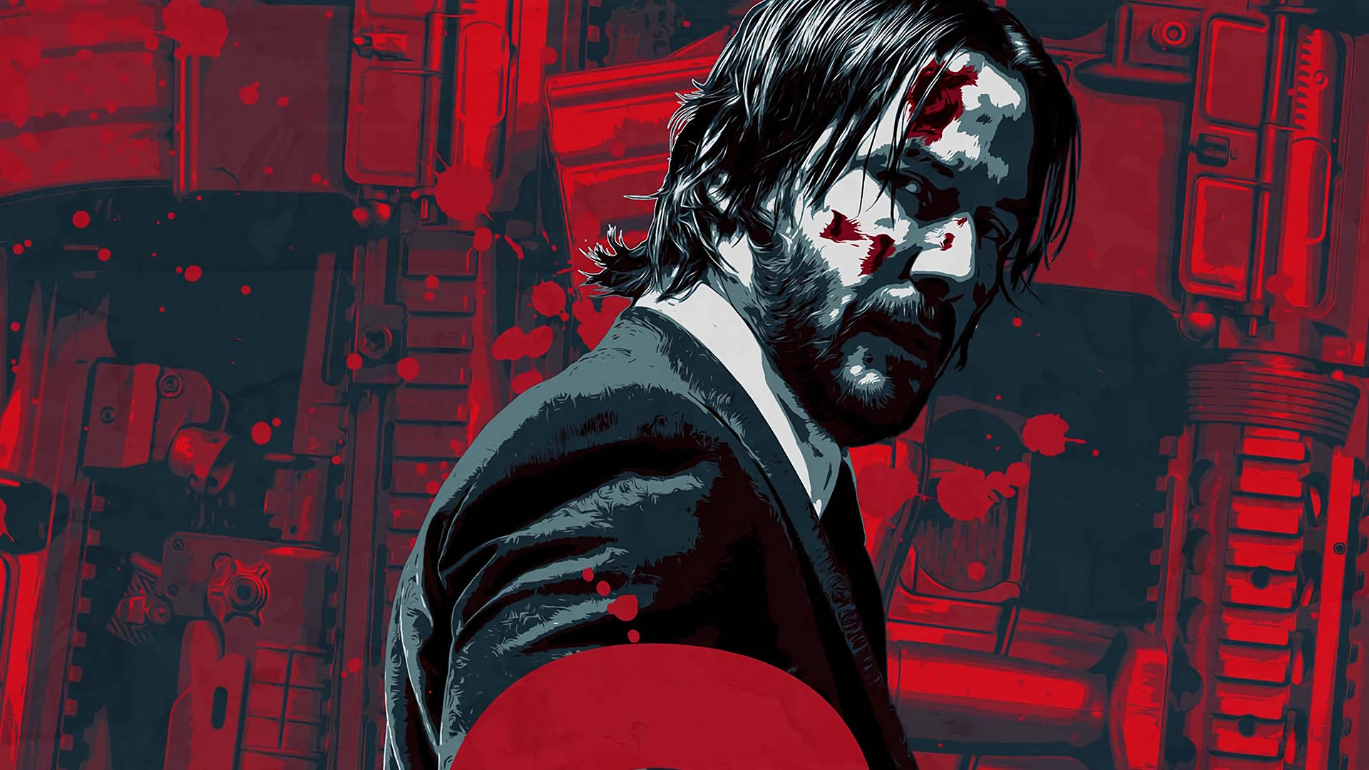 John Wick 桌布 壁紙 — 一個粗糙插圖的男人，臉上和西裝沾滿血跡，站在黑暗工業環境中，周圍是濺滿紅色的槍械。