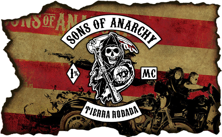Sons Of Anarchy 桌布 壁紙 — 一個粗糙的Sons of Anarchy摩托車俱樂部徽章，帶有骷髏標誌和摩托車騎士，背景是破爛的紅色和米色旗幟。