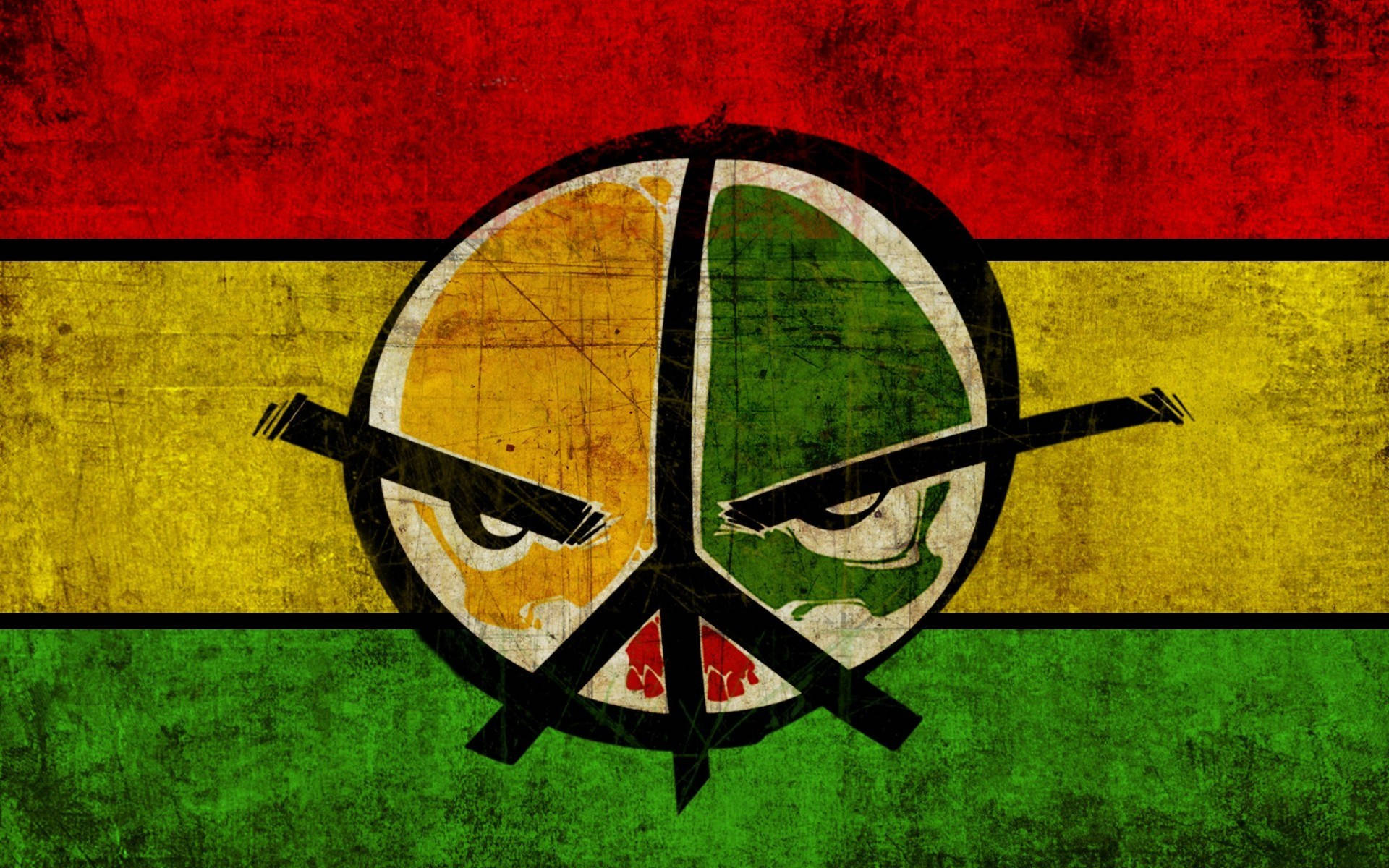 Peace 桌布 壁紙 — 一個粗糙的和平符號，帶有憤怒的眼睛和交叉的步槍，設置在紅黃綠條紋背景上。