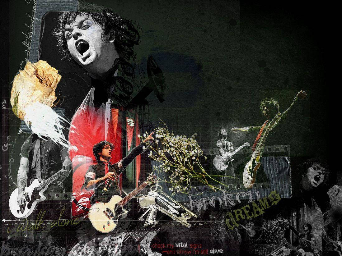 Green Day 桌布 壁紙 — 一個粗糙的拼貼畫，描繪搖滾音樂家在枯萎的玫瑰和破舊的文字疊加中尖叫和彈奏吉他。