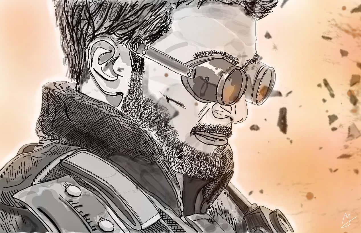 Rainbow Six Siege Thermite 桌布 壁紙 — 一個粗糙的插圖肖像，描繪一位留鬍鬚的男子，戴著護目鏡和戰術裝備，背景是灰塵飛揚的橙色。