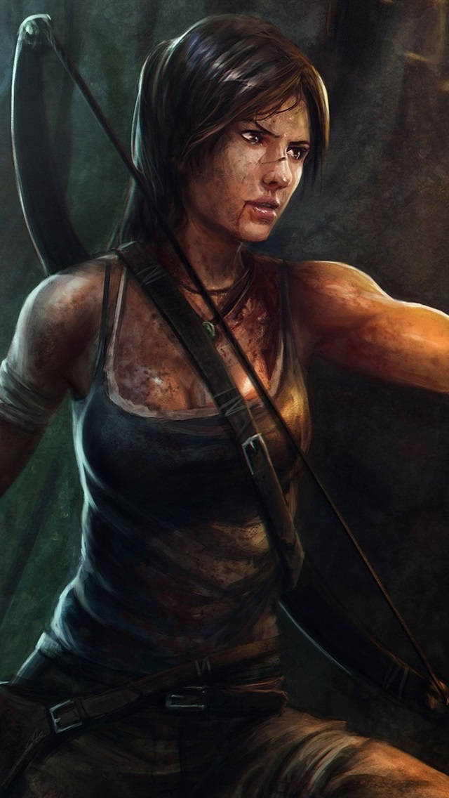 tomb raider iPhone 桌布 壁紙 — 一個粗糙的數位肖像，描繪一位堅定的女冒險家拉弓，在昏暗燈光下，她的臉上沾滿泥土和血跡。