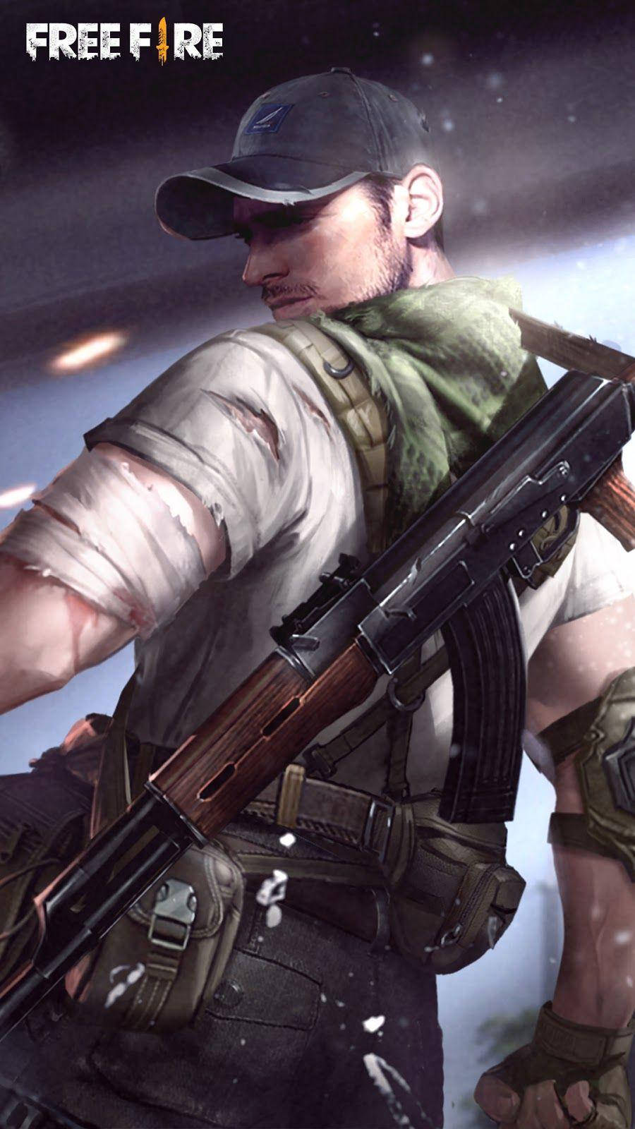 free fire 3d 桌布 壁紙 — 一個粗糙的數位藝術士兵，手臂纏著繃帶，手持步槍，站在星空下煙霧瀰漫的戰場上。