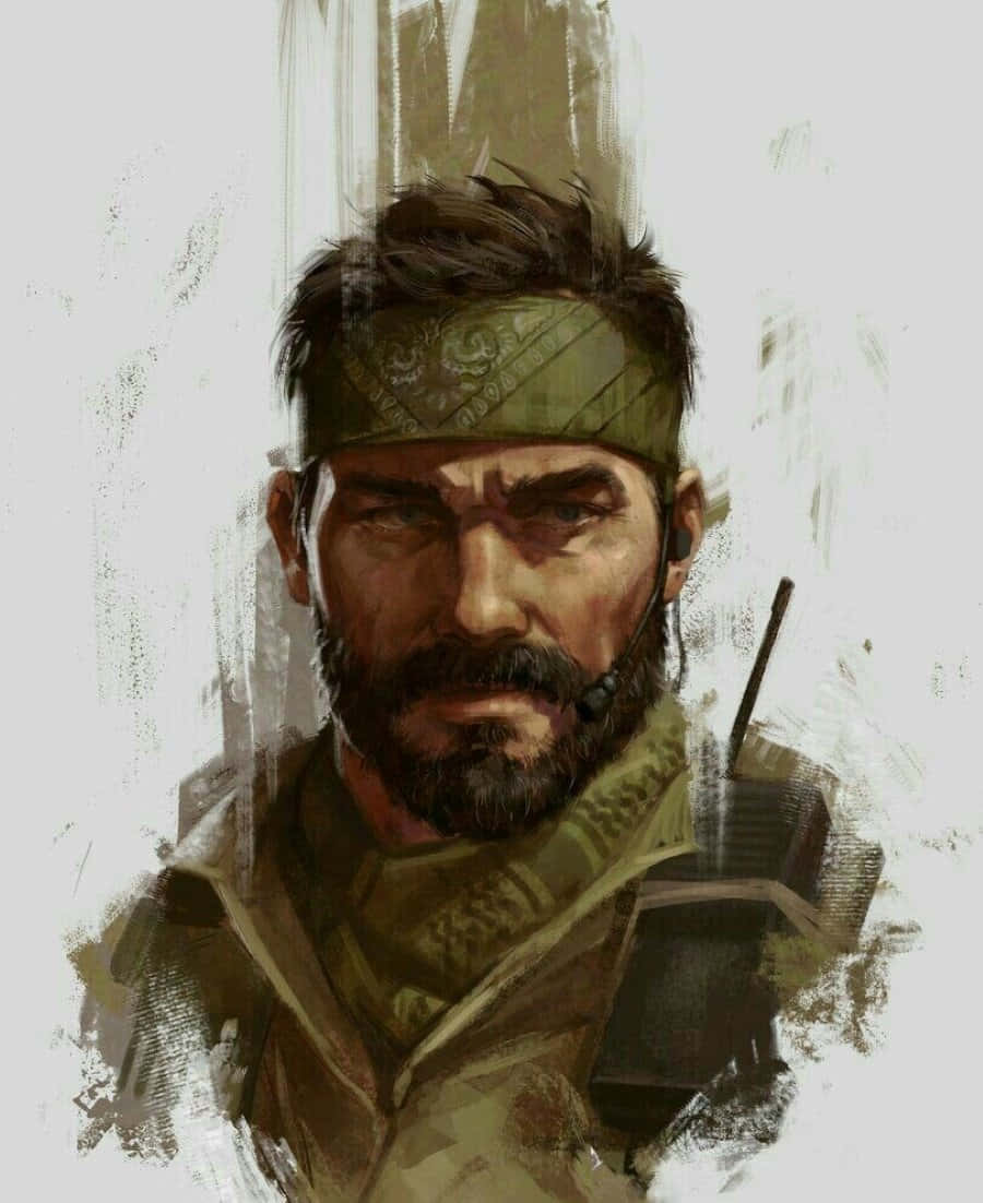 Frank Woods 桌布 壁紙 — 一個粗糙的數位藝術肖像，描繪一位留鬍鬚的士兵，戴著頭帶和無線電耳機，專注地向前凝視。