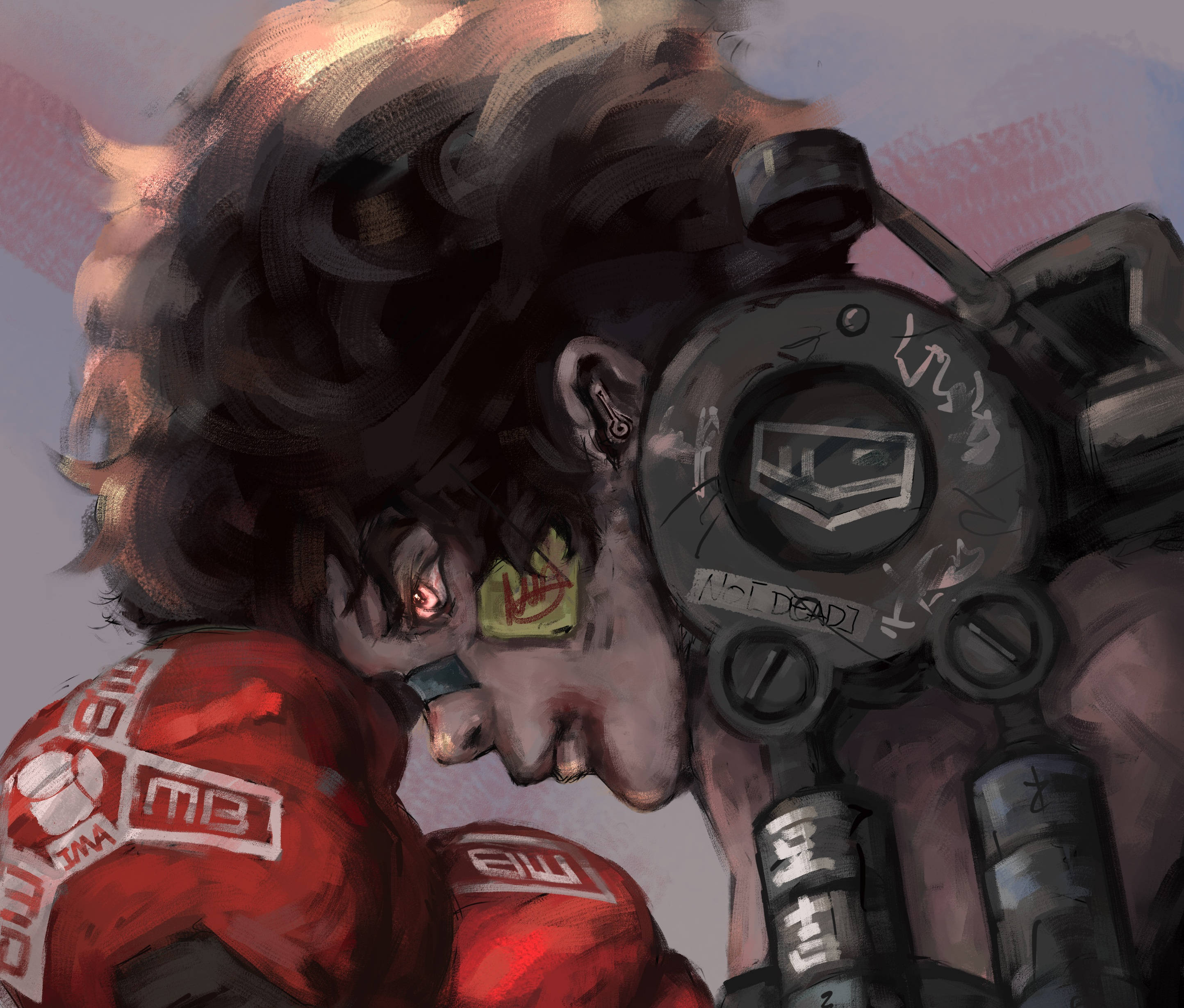 Box 桌布 壁紙 — 一個粗糙的數位藝術肖像，描繪一個擁有狂野頭髮和紅色盔甲的賽博龐克角色，手持機械裝置。