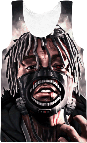 Juice WRLD 桌布 壁紙 — 一個粗糙的數位藝術肖像，描繪一個留著辮子、戴著防毒面具的男人，張嘴尖叫，鮮血從嘴角滴下。