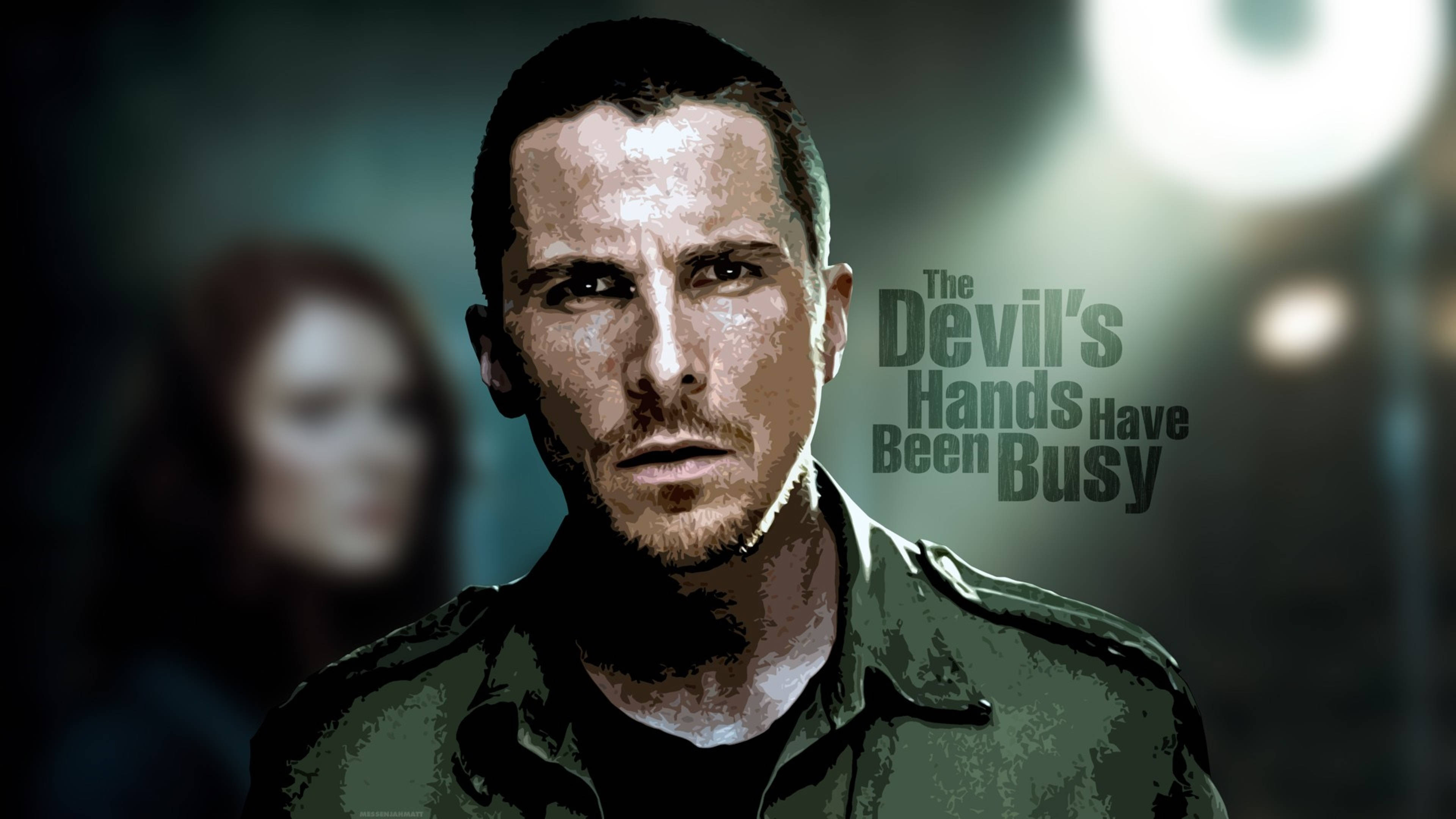 Christian Bale 桌布 壁紙 — 一個粗糙的數位藝術肖像，描繪一名身穿深綠色襯衫的男子，身後有一個模糊的女人，並帶有文字 The Devil's Hands Have Been Busy。