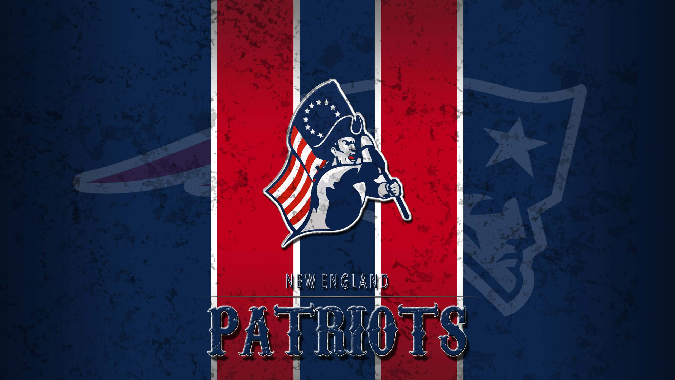 Patriots 桌布 壁紙 — 一個粗糙的新英格蘭愛國者隊標誌，殖民地士兵在紅白藍垂直條紋背景下手持美國國旗。