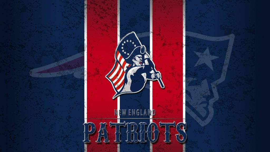 Patriots Logo 桌布 壁紙 — 一個粗糙的新英格蘭愛國者隊標誌，殖民地民兵手持美國國旗，背景為紅、白、藍垂直條紋。