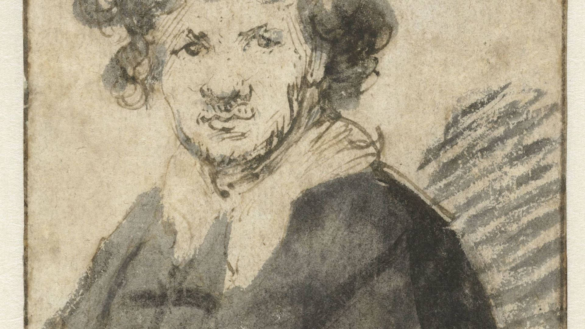 Rembrandt 桌布 壁紙 — 一個粗糙的木炭素描，描繪一個捲髮、留鬍子的男人，身穿深色外套和高領。