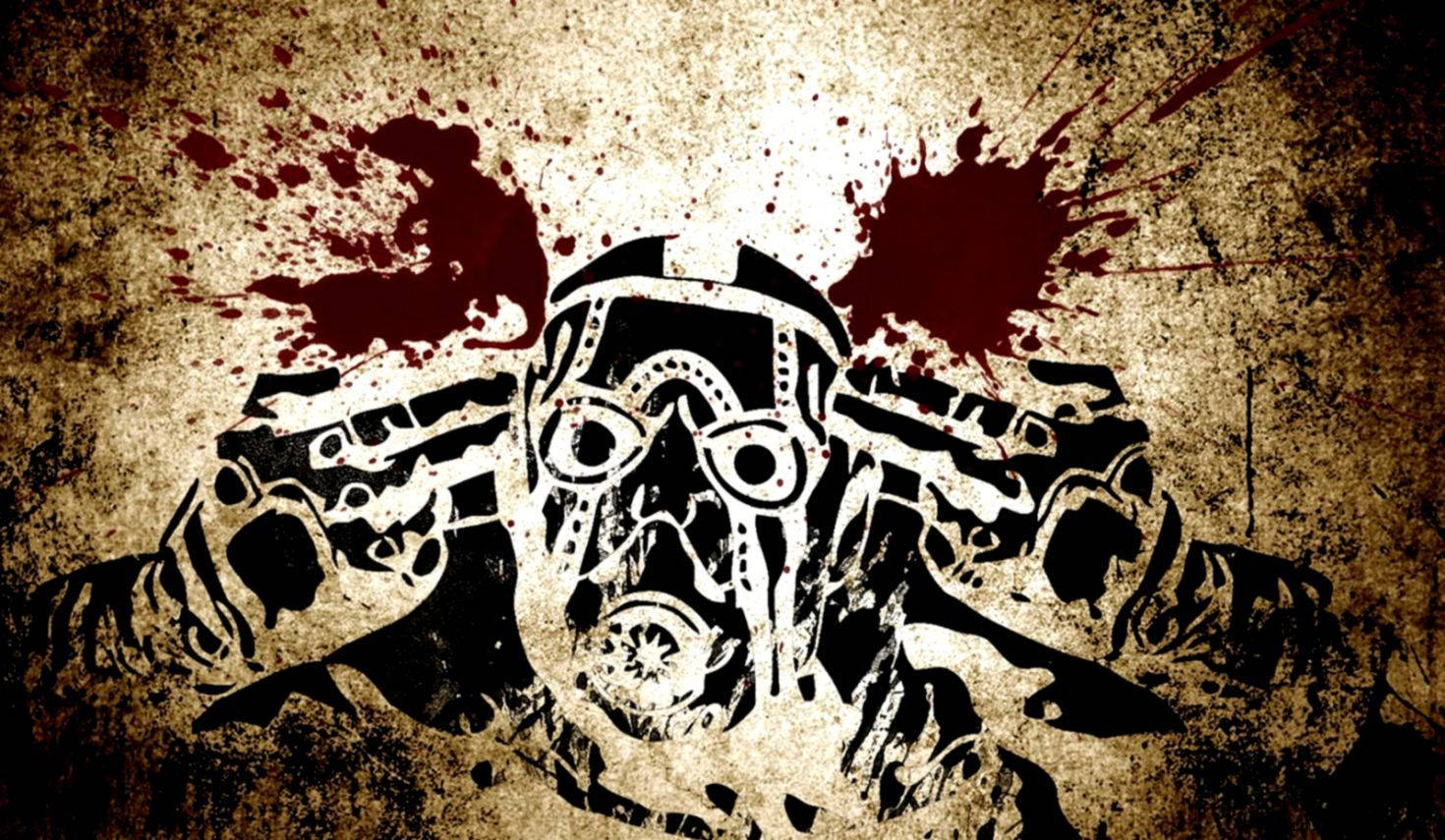 Borderlands 桌布 壁紙 — 一個粗糙的模板風格插圖，描繪一個戴著防毒面具的人物手持槍支，背景是帶有血跡的紋理背景。