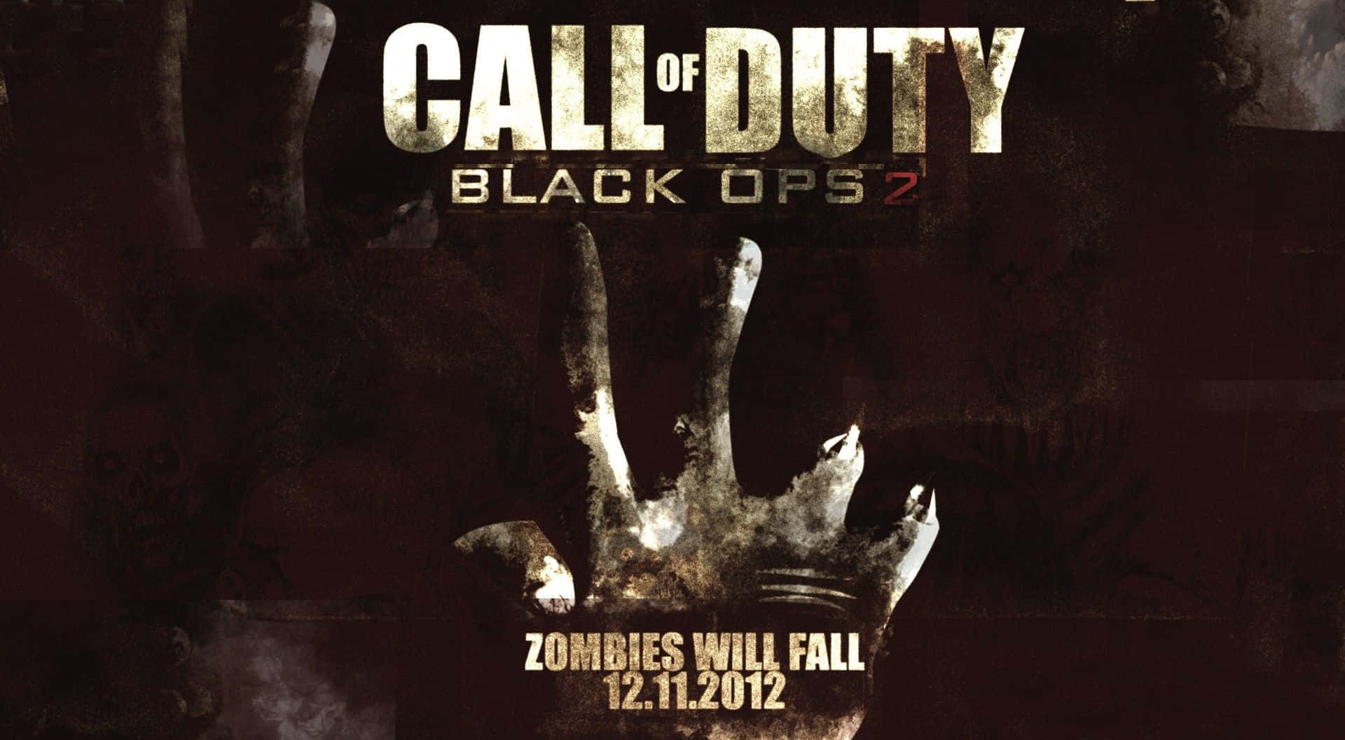 電玩遊戲 桌布 壁紙 — 一個粗糙的深色手印圖形，用於 Call of Duty Black Ops 2，帶有殭屍將倒下的文字。