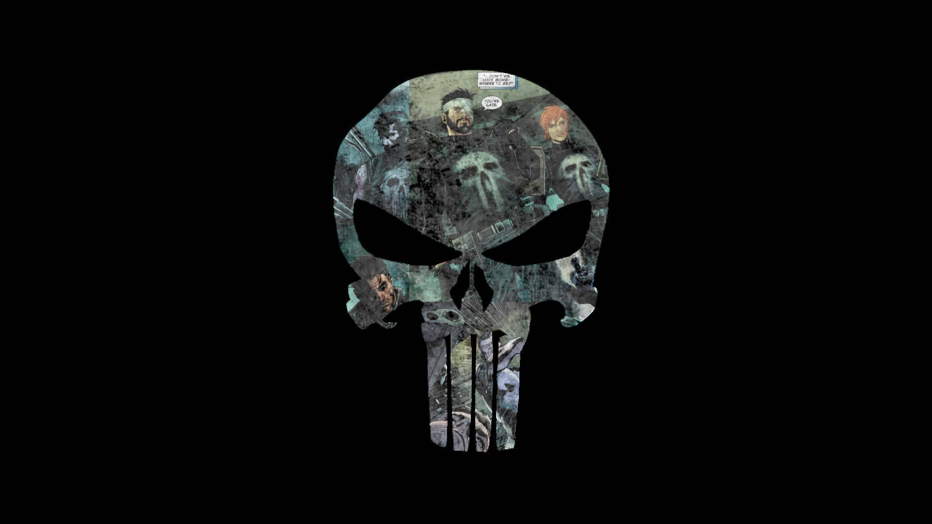 Punisher Logo 桌布 壁紙 — 一個粗糙的漫畫書骷髏標誌，在純黑色背景上充滿褪色的角色和面板。