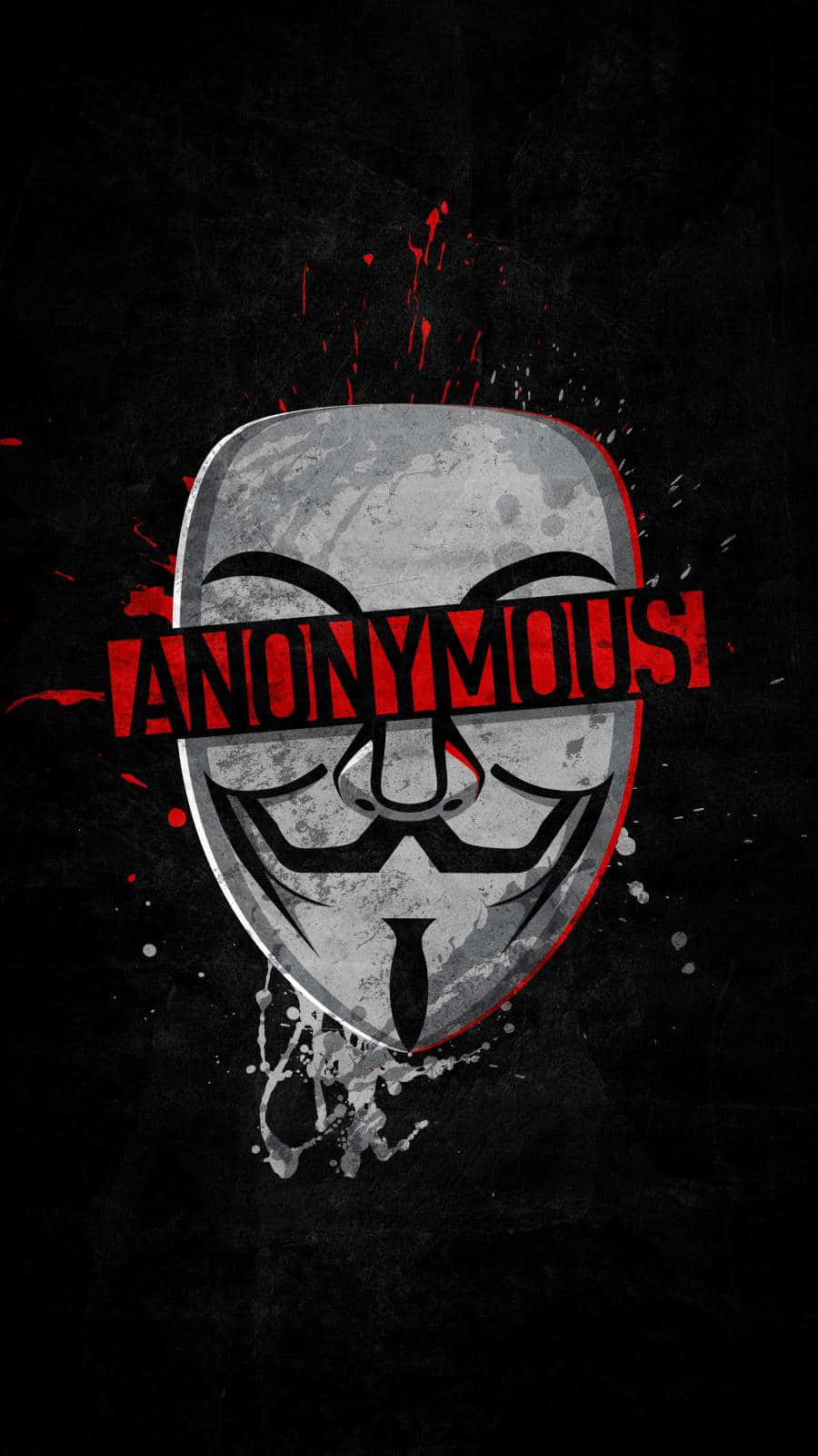 Anonymous iPhone 桌布 壁紙 — 一個粗糙的灰色蓋伊·福克斯面具，帶有紅色飛濺，眼睛位置有ANONYMOUS字樣，背景為深色紋理。