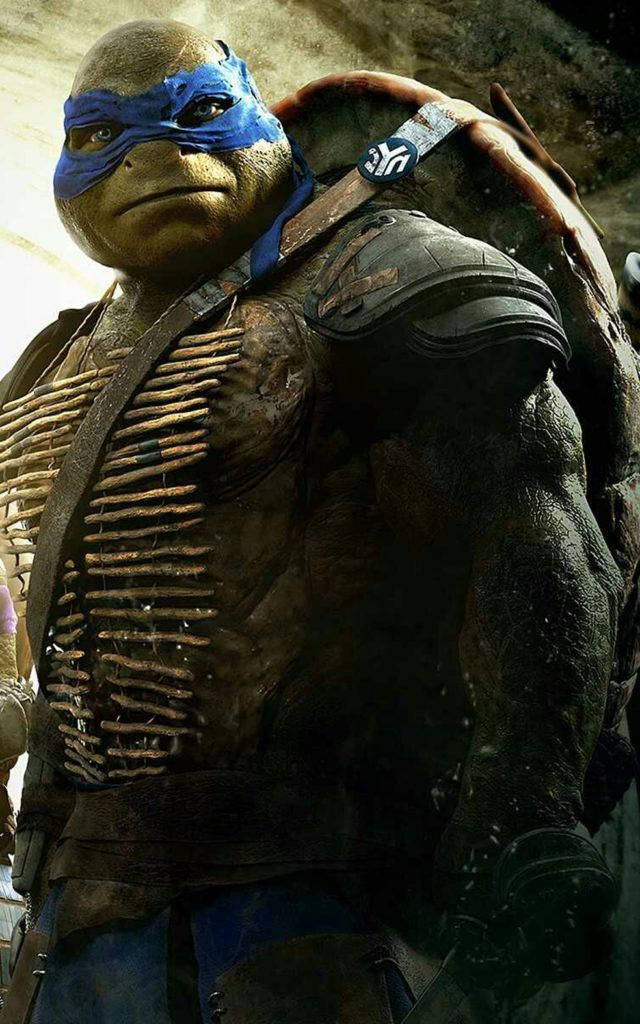 teenage mutant ninja turtles 桌布 壁紙 — 一個粗糙的特寫鏡頭，一隻戴著藍色面具的變異烏龜穿著戰鬥磨損的盔甲，站在昏暗的城市廢墟中。