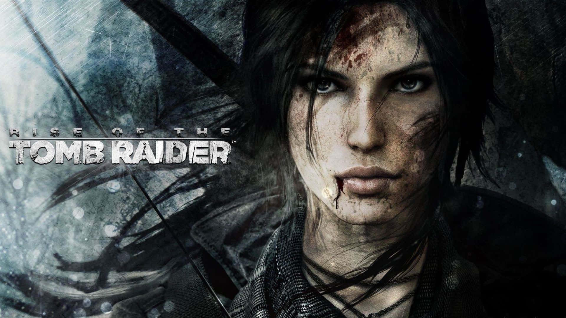 Lara Croft 桌布 壁紙 — 一個粗糙的特寫鏡頭，展現了堅定、血跡斑斑的蘿拉·卡芙特在暴風雨般的冰冷背景下強烈凝視。
