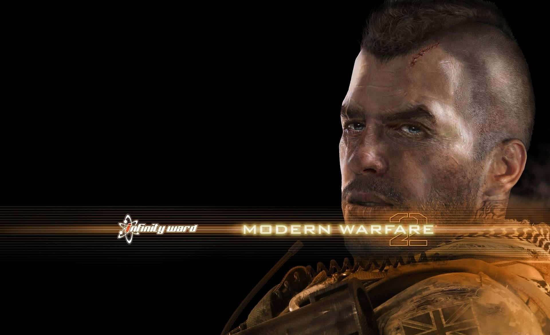 Soap Mactavish 桌布 壁紙 — 一個粗糙的特寫鏡頭，展示一名在戰鬥中留下傷疤的士兵，額頭流血，背景為黑色，帶有發光的遊戲標題文字。