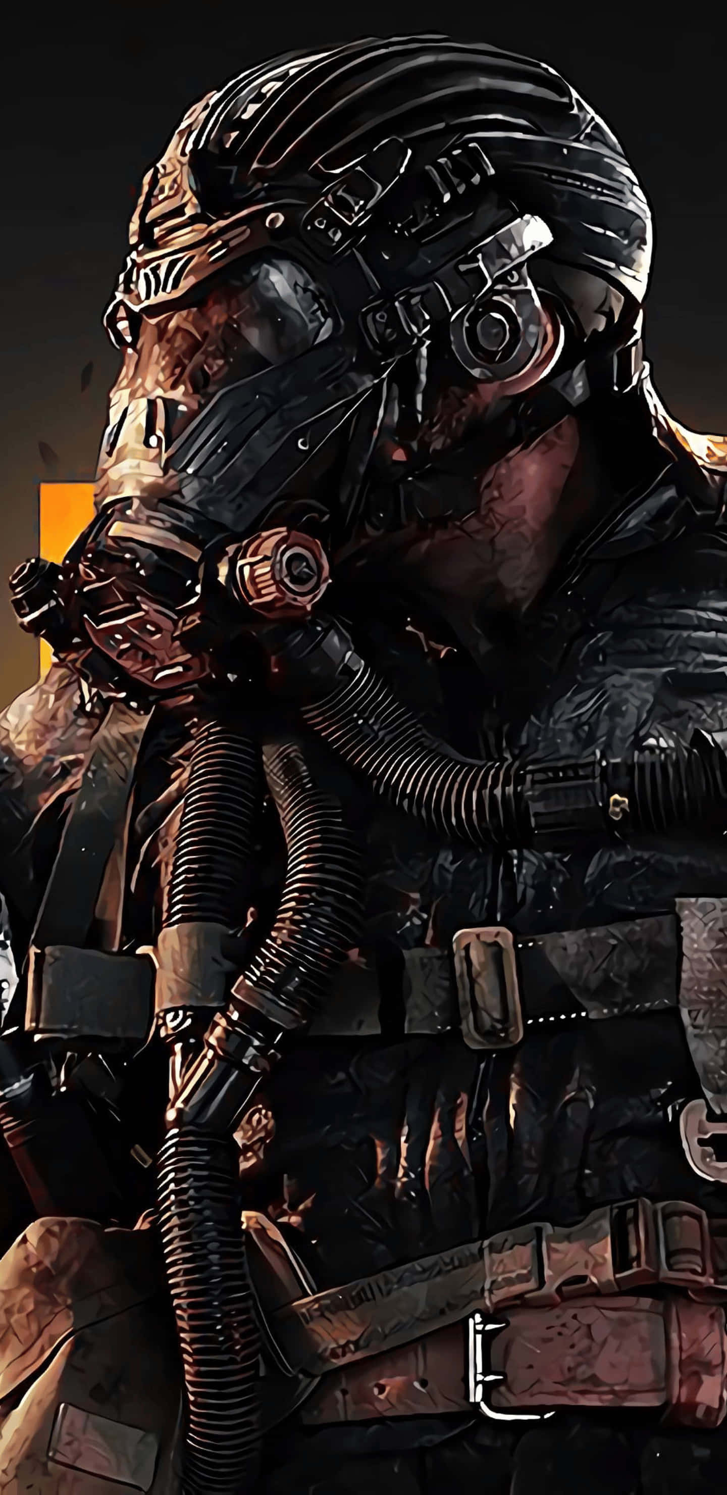 Pixel 3xl Call Of Duty Black Ops 4 桌布 壁紙 — 一個粗糙的特寫鏡頭，展示一名士兵戴著高度詳細的戰鬥頭盔和呼吸裝置，背景為深色。