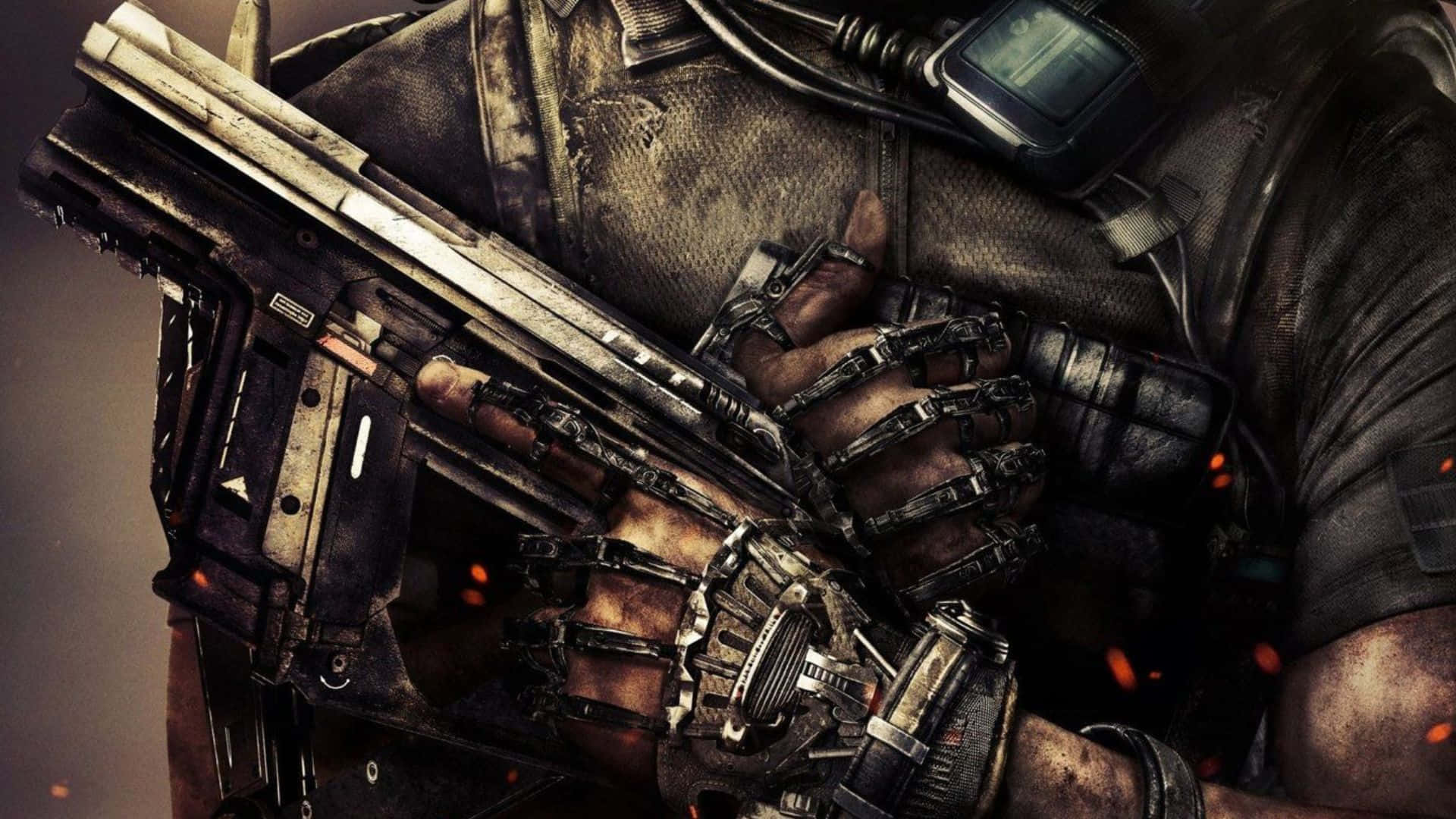 Call Of Duty Weapons 桌布 壁紙 — 一個粗糙的特寫鏡頭，展示一名機械士兵的裝甲手緊握未來槍械，火花四濺。