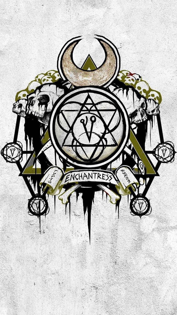 Enchantress 桌布 壁紙 — 一個粗糙的神秘標誌，包含骷髏頭、新月和幾何圖案，在紋理混凝土上滴落墨水。