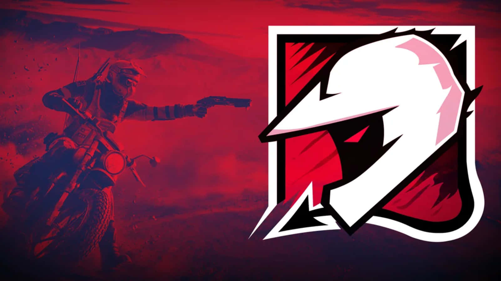 Rainbow Six Siege Mozzie 桌布 壁紙 — 一個粗糙的紅色調摩托車騎士在一個大膽的白色和紅色風格化頭盔標誌旁邊瞄準一把手槍。