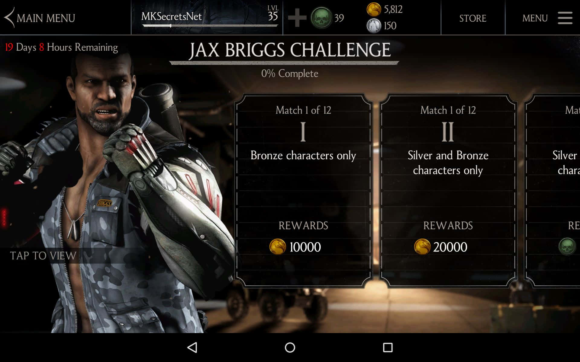 Mortal Kombat Jax 桌布 壁紙 — 一個粗糙的遊戲選單，展示一個肌肉發達、擁有機械手臂的角色，背景為深色金屬質感。