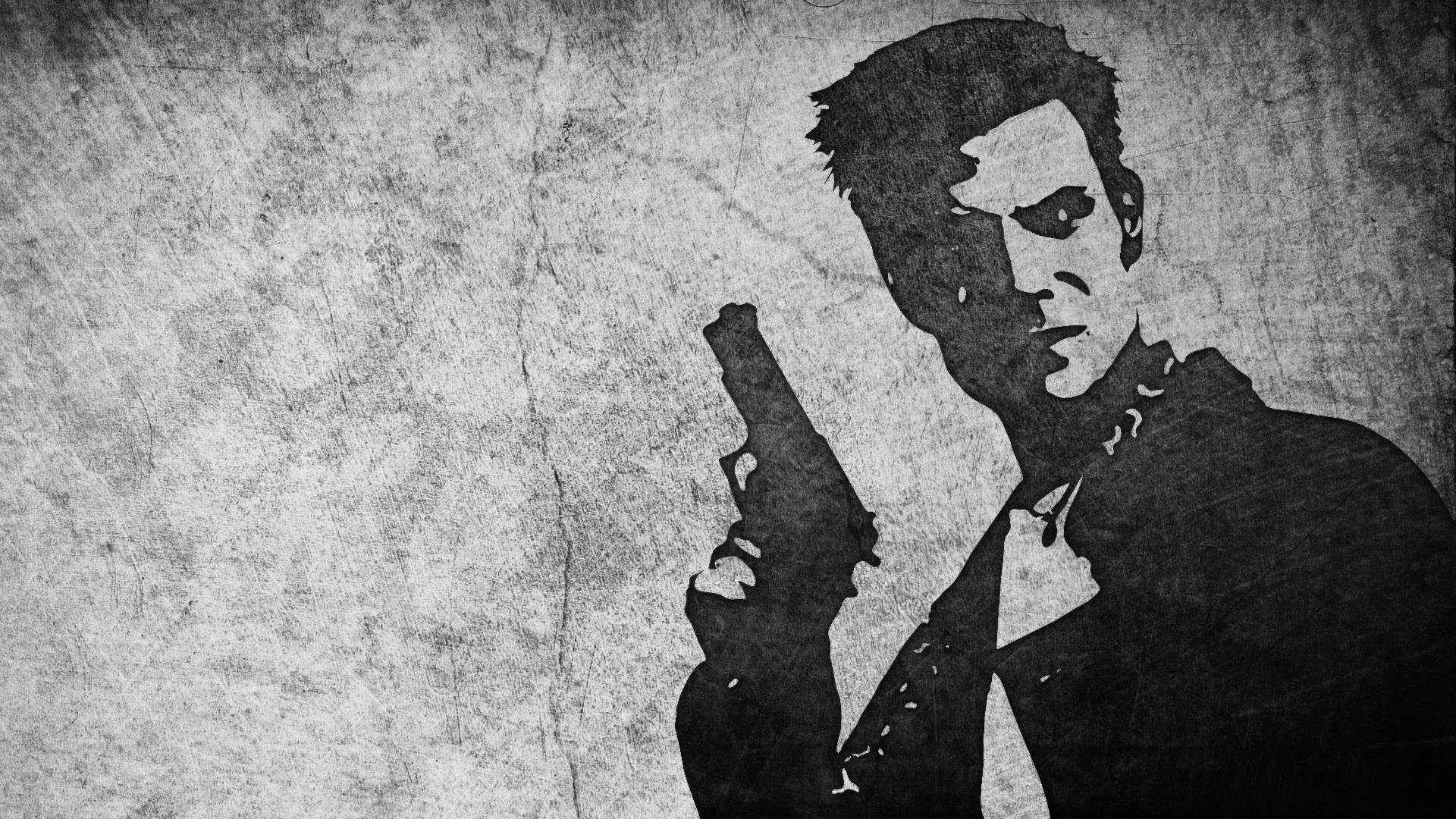 Max Payne 桌布 壁紙 — 一個粗糙的黑白剪影，一個男人拿著手槍對著有紋理的牆壁。
