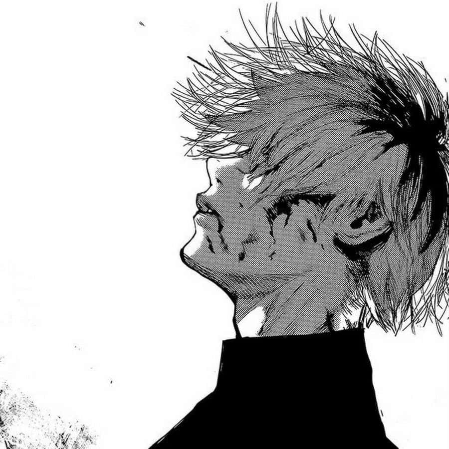 Kaneki 桌布 壁紙 — 一個粗糙的黑白動畫肖像，描繪一個年輕男子，頭髮凌亂，臉上帶有淚痕，側面輪廓。