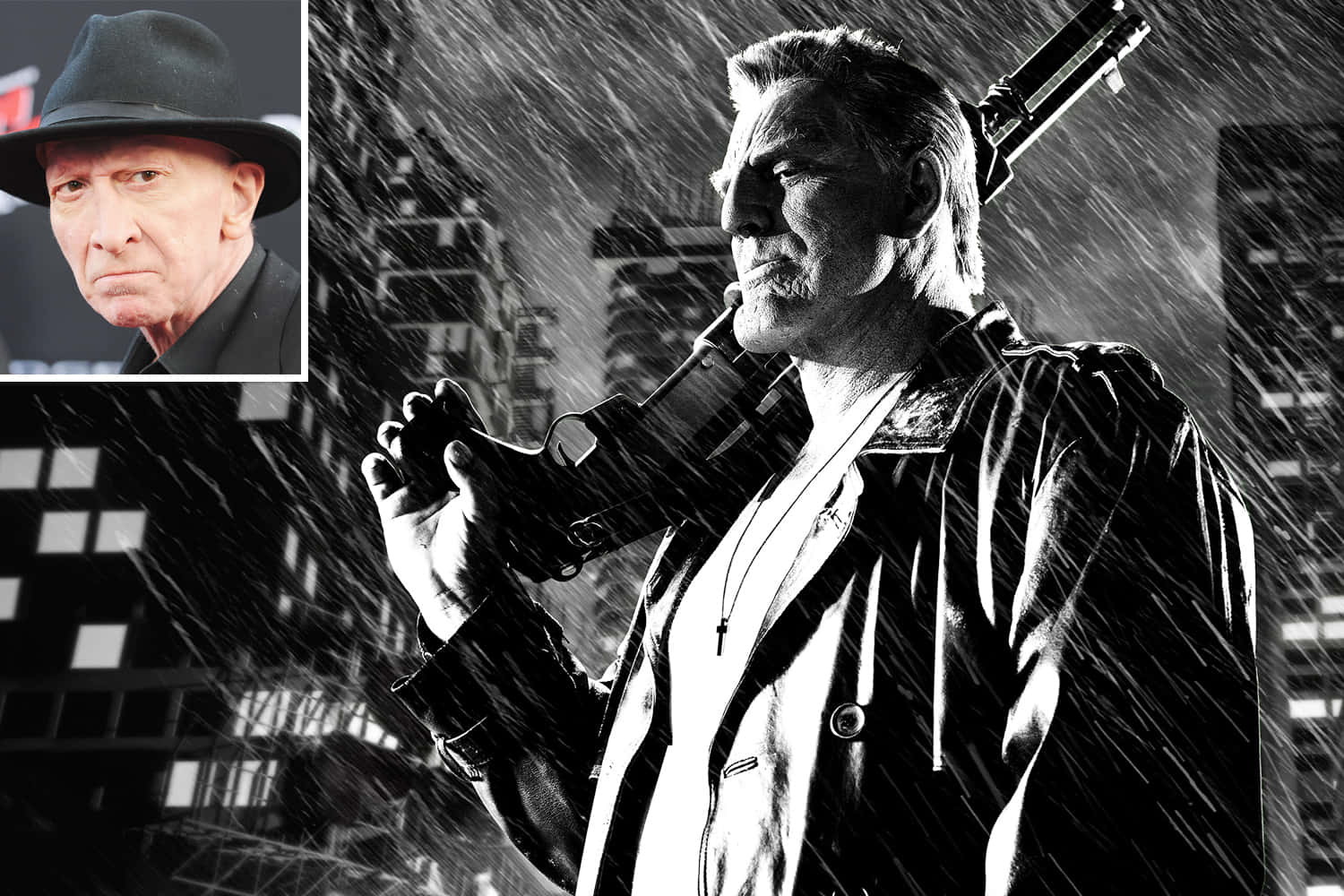 Frank Miller 桌布 壁紙 — 一個粗糙的黑白城市場景，一名戴著費多拉帽的男子在傾盆大雨中手持步槍，背景是城市建築。