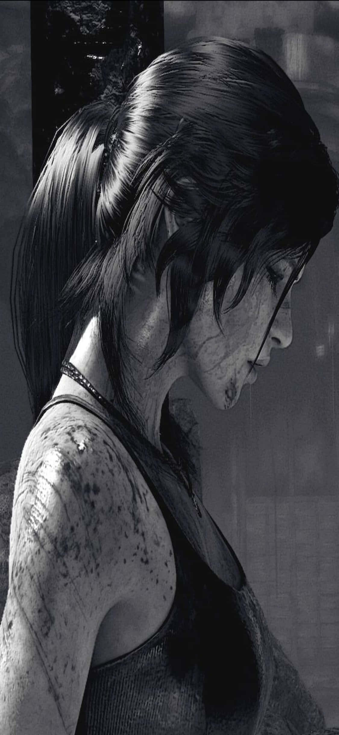電玩遊戲 桌布 壁紙 — 一個粗糙的黑白特寫，一個疲憊的女人，皮膚骯髒，頭髮紮成馬尾辮，在昏暗的空間裡低頭看著。