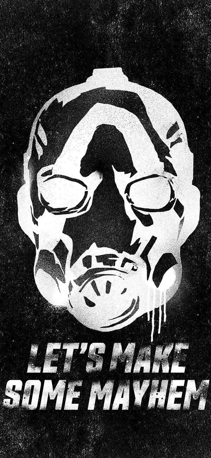 Borderlands 桌布 壁紙 — 一個粗糙的黑白風格化頭骨，配有護目鏡和滴落的油漆，背景為有紋理的深色背景，帶有粗體文字。
